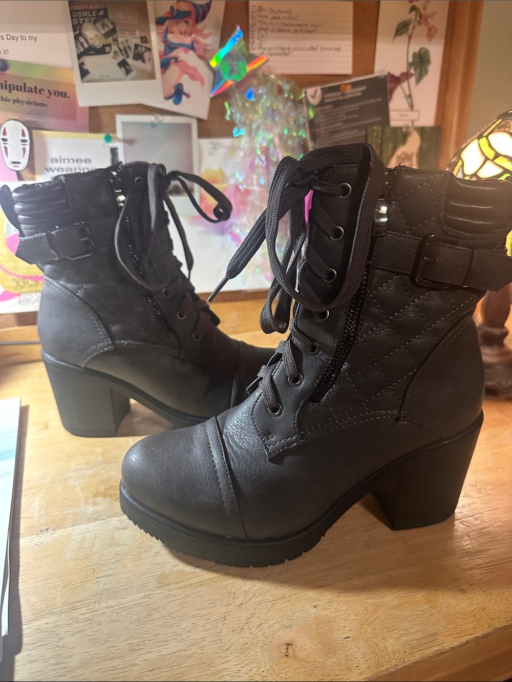 Quilted Lace-Up Ankle Boots - Grey